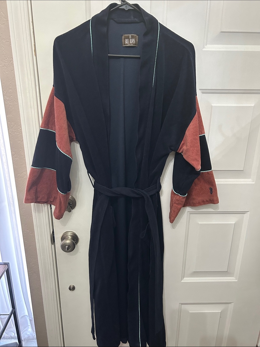Vintage Bill Blass Navy Robe with Rust Sleeve Panels and Baby Blue Piping